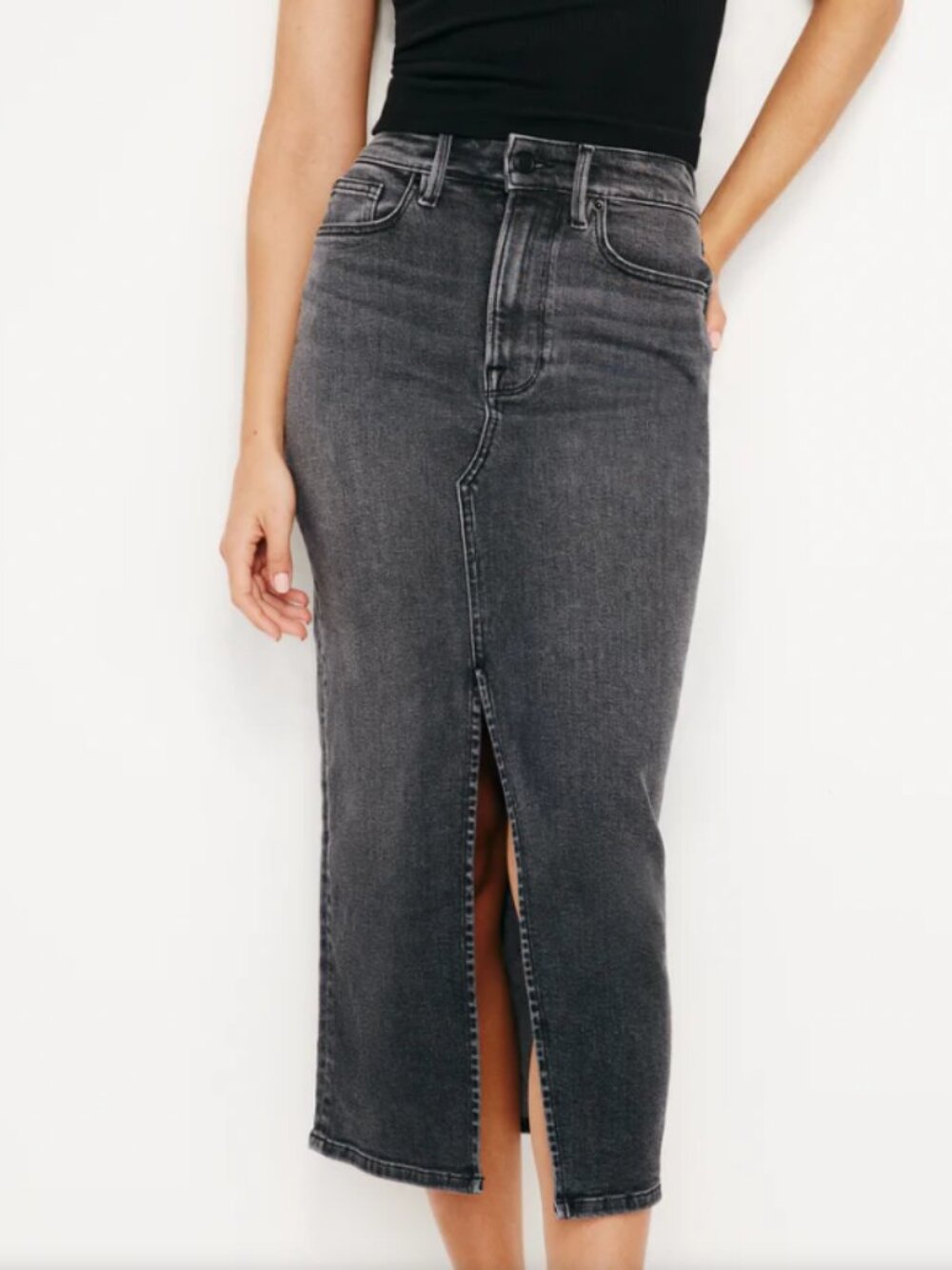 Black Denim Midi Skirt with a high front slit